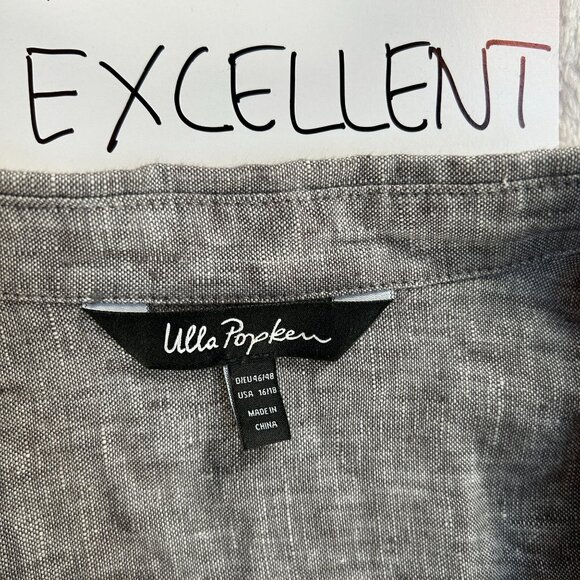 Ulla Popken Womens Gray Linen Button-Up Shirt Tunic Size 16/18 Roll-Tab Sleeves - Picture 3 of 6